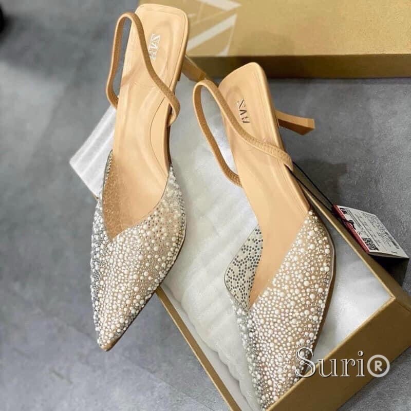 Sandal đính hạt đá siêu sáng chân quai hậu sau co dãn