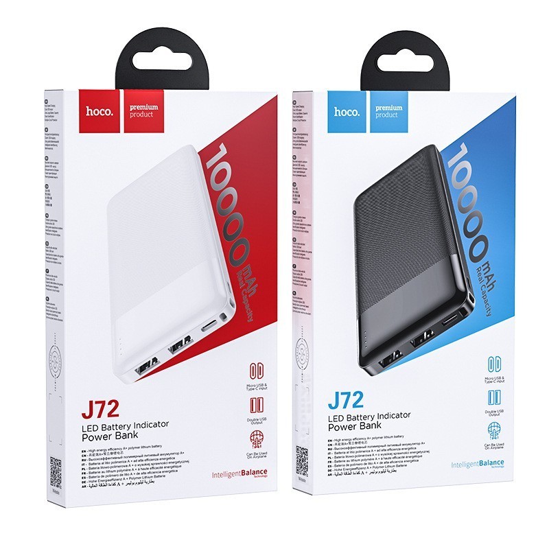Sạc tích điện,trữ điện, dự phòng Hoco J72/J72A 10.000mAh 2 Cổng USB 2A, 1 Cổng Type C - Hỗ Trợ S