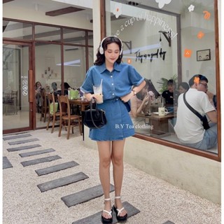 [S140] SET VÁY JEANS ĐUÔI TÔM CỘC TAY metwo.dearu - Set bò denim giấy áo sơ mi đuôi tôm kèm chân váy chữ A vạt chéo Hàn