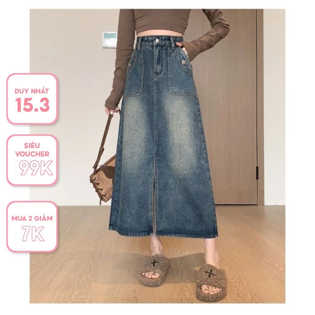 Chân váy jeans nữ dáng dài, chân váy chữ A cạp cao phong cách trẻ trung, năng động Hàn Quốc CV9 KoKo