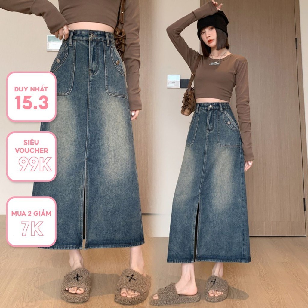 Chân váy jean nữ dáng dài xẻ tà trước, chân váy bò xanh hot trend 2024 CV09 KoKo