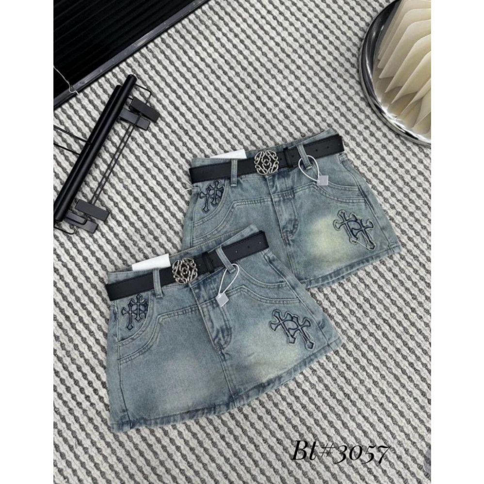 Quần giả váy jeans denim bò ngắn chữ thập kèm đai hàng QCL1 - 14.3