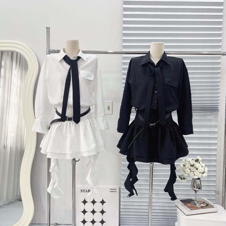 Váy Sơmi Mix Cà Vạt Tua Rua Kèm Lót Quần 2 Màu Kèm Đai Da Cá Tính 2024 (có ảnh thật) V01 | BigBuy360 - bigbuy360.vn