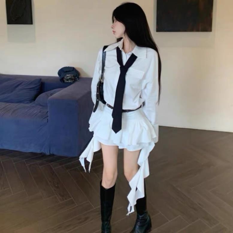 Váy Sơmi Mix Cà Vạt Tua Rua Kèm Lót Quần 2 Màu Kèm Đai Da Cá Tính 2024 (có ảnh thật) V01 | BigBuy360 - bigbuy360.vn