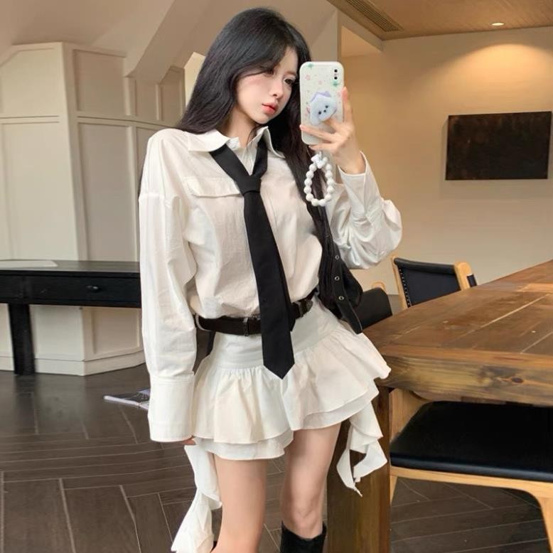 Váy Sơmi Mix Cà Vạt Tua Rua Kèm Lót Quần 2 Màu Kèm Đai Da Cá Tính 2024 (có ảnh thật) V01 | BigBuy360 - bigbuy360.vn