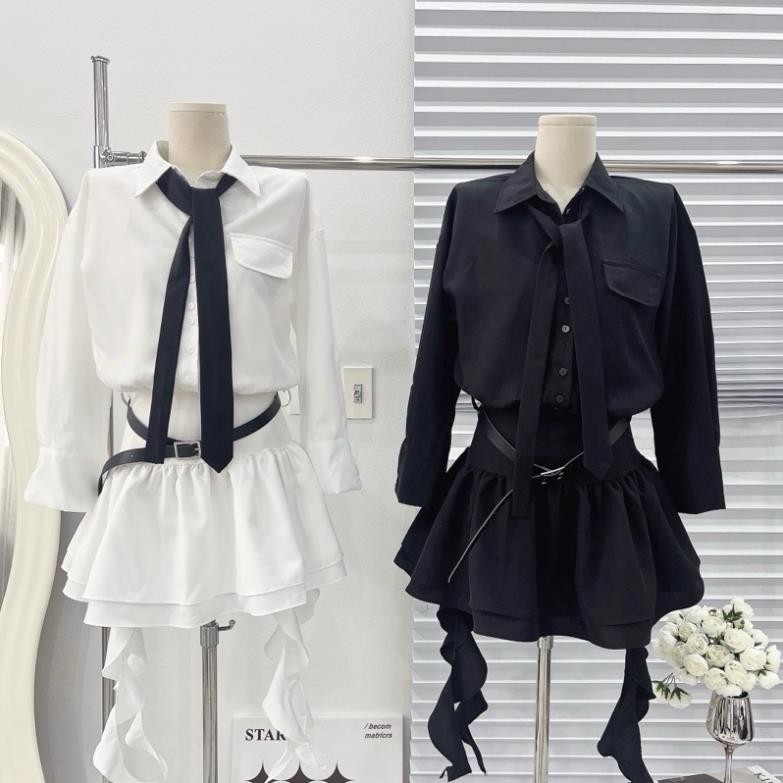 Váy Sơmi Mix Cà Vạt Tua Rua Kèm Lót Quần 2 Màu Kèm Đai Da Cá Tính 2024 (có ảnh thật) V01 | BigBuy360 - bigbuy360.vn