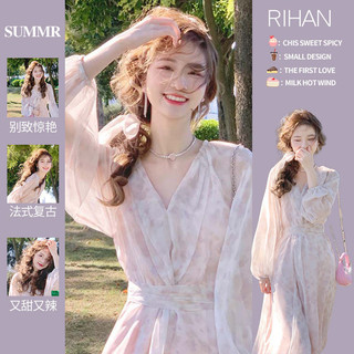 Mùa Xuân Pháp Mùa Xuân Tình Yêu Đầu Tiên Sang Trọng Người Nổi Tiếng Nhỏ Cổ Chữ V Hồng Đầm Hoa Nữ 3.14