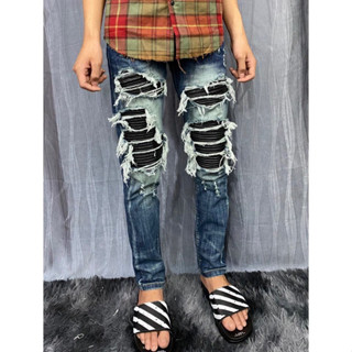 Quần jean nam mẫu mới Xanh Vá Da đen rách nhiều cao cấp vải bò dày dặn phong cách