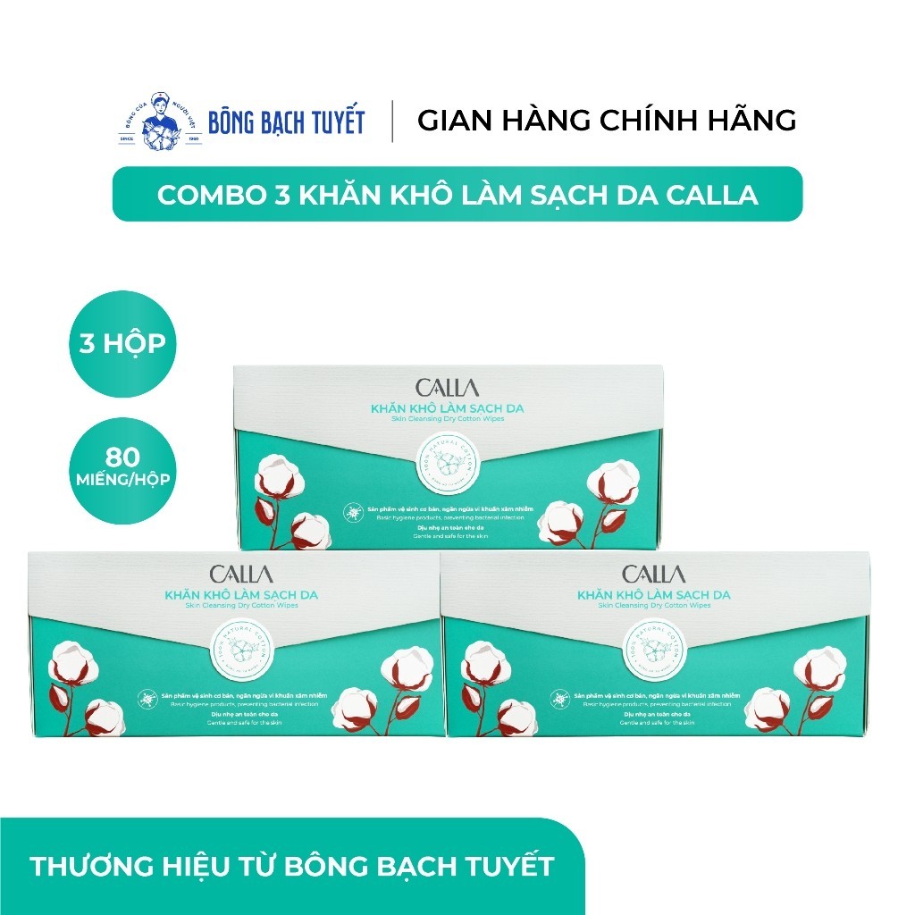 Combo 3 hộp khăn khô Bông Bạch Tuyết làm sạch da Calla đa năng 80 miếng/hộp - bông tẩy trang