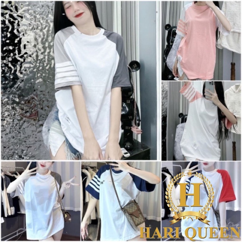 Áo Thun Tay Lỡ Phối Màu Vạch Tay Mẫu Hot 2024 Freesize Form Rộng Đẹp Unisex HARIQUEEN