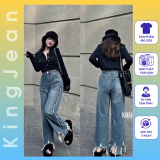 KingJean BIGSIZE Quần Jean Nữ Ống Suông Viền Hông Tua Gấu Lưng Cao từ 45kg đến 85kg MS171