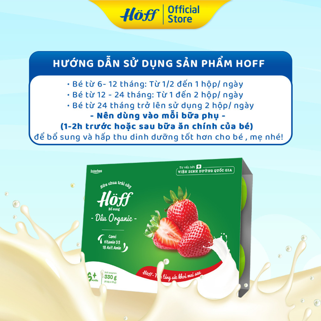 Sữa chua trái cây Hoff DÂU ORGANIC cho bé từ 6 tháng tuổi, bổ sung vitamin, D3,b18 loại axit amin - 1 LỐC (6 hộp x 55g)