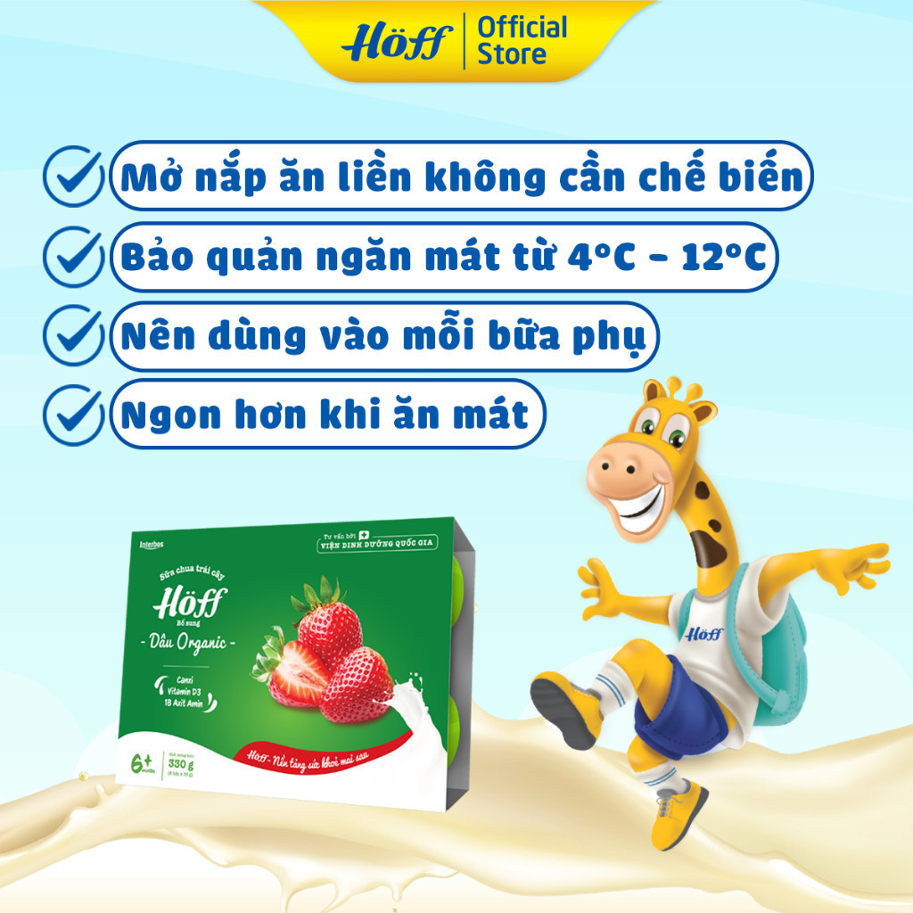 Sữa chua trái cây Hoff DÂU ORGANIC cho bé từ 6 tháng tuổi, bổ sung vitamin, D3,b18 loại axit amin - 1 LỐC (6 hộp x 55g)