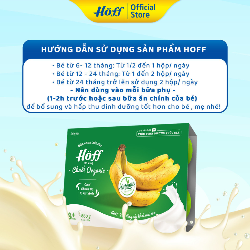 Sữa chua trái cây Hoff CHUỐI ORGANIC cho bé từ 6 tháng tuổi, bổ sung vitamin, D3, 18 loại axit amin - 4 LÔC (24 hộpx55g)