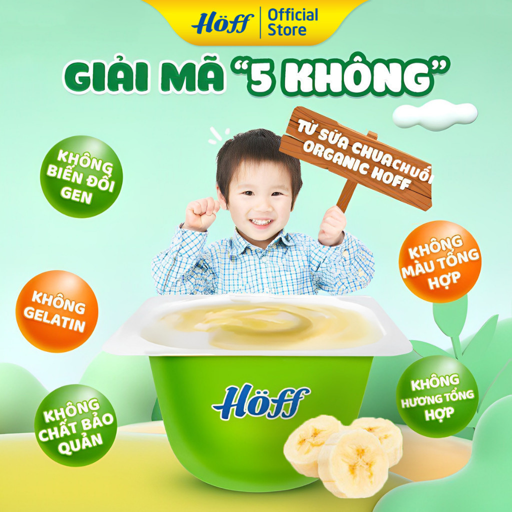 Sữa chua trái cây Hoff CHUỐI ORGANIC cho bé từ 6 tháng tuổi, bổ sung vitamin, D3, 18 loại axit amin - 4 LÔC (24 hộpx55g)