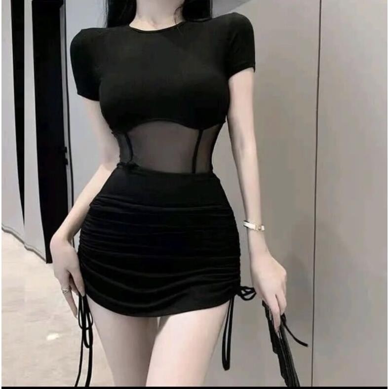 Đầm body dây rút phối lưới (ảnh thật khách mặc ở cuối)