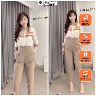 Quần baggy nữ màu nâu cách điệu thiết kế cạp lệch, cúc chéo form công sở mặc tôn dáng Liin Clothing Q3453