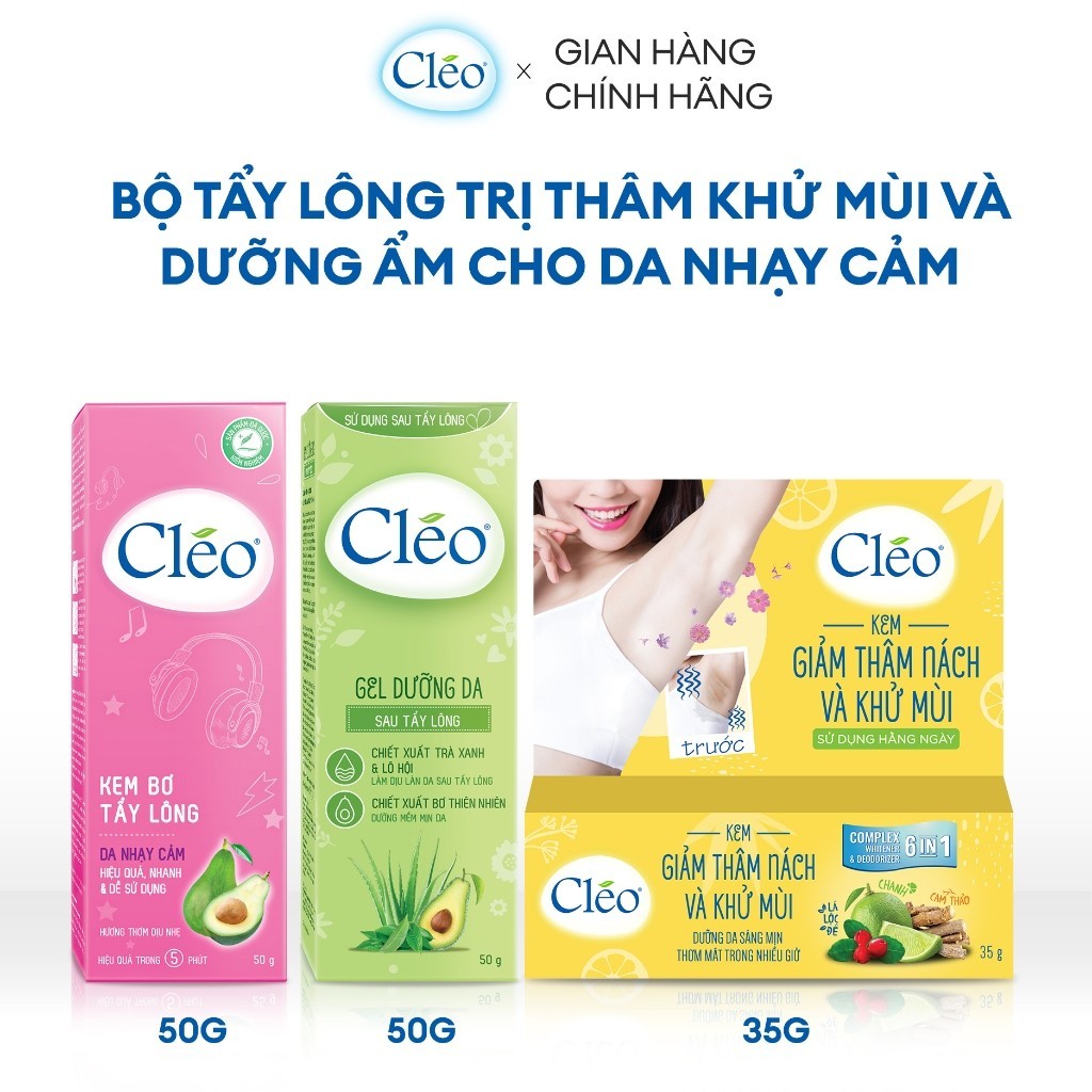 Bộ Tẩy lông nách chuyên sâu Cleo gồm kem tẩy lông nách da nhạy cảm 50g, gel dịu da 50g và kem giảm thâm nách khử mùi 35g