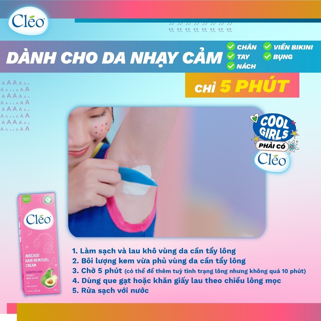 Bộ Tẩy lông nách chuyên sâu Cleo gồm kem tẩy lông nách da nhạy cảm 50g, gel dịu da 50g và kem giảm thâm nách khử mùi 35g