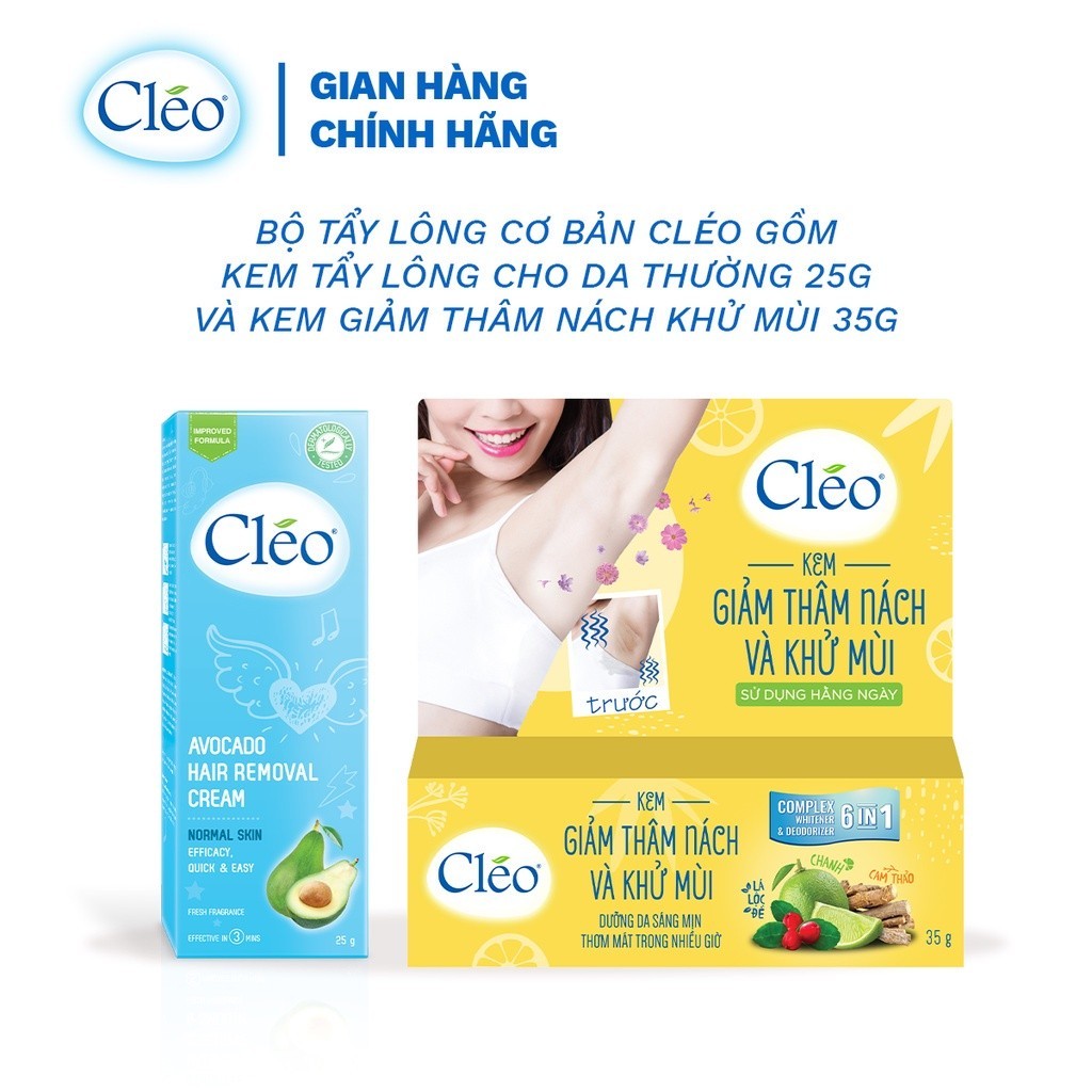 Bộ tẩy lông cơ bản Cléo gồm kem tẩy lông cho da thường 25g kèm kem giảm thâm nách và khử mùi Cléo 35g