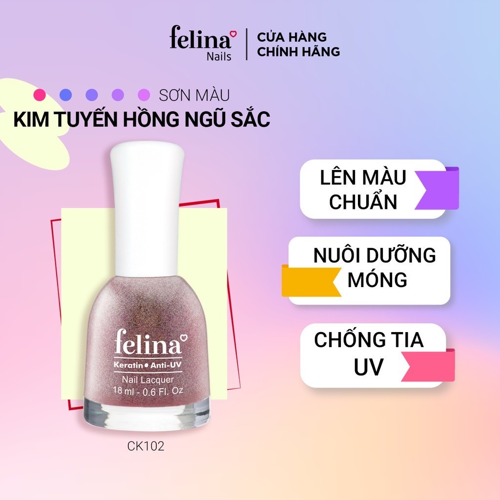 Sơn Móng Tay Felina Nail 18ml, Màu Kim Tuyến Hồng Ngũ Sắc Ck102, Lên Màu Đẹp, Thời Trang