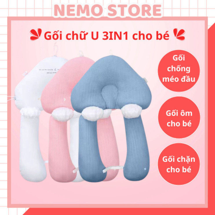 Gối chữ U cho bé sơ sinh chống giật mình NEMO STORE Gối chống bẹp đầu có