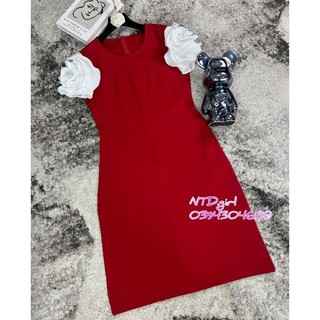 Hàng nhập - Đầm dáng suông thun cotton đỏ phối tay ngắn xếp cánh hoa, váy xuông Quảng Châu cổ tròn mịn mát