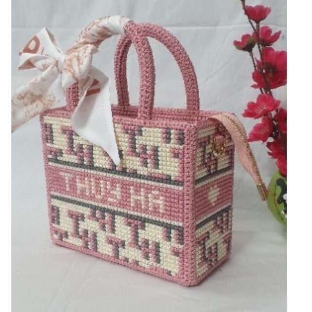 Set túi tự thêu màu hồng đỗ (vẽ sẵn theo tên khách)