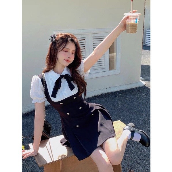 Váy Nữ, Váy Đen Phối Cổ Sơmi Kèm Nơ Tay Dài Phong Cách Tiểu Thư Siêu Xinh | BigBuy360 - bigbuy360.vn