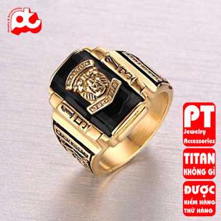 Nhẫn nam titan cao cấp thời trang inox thép không gỉ sư tử 1973 trangsucpt đá đen màu PTNNA217