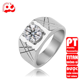 Nhẫn nam inox cao cấp titan PT Jewelry & Accessories thép không gỉ sọc xéo đính xoàn PTNNA234