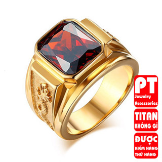    NSFJANP130 Giảm 30K  Nhẫn nam titan cao cấp chạm rồng 2 bên PT Jewelry & Accessories đá đỏ thép không gỉ PTNNA255 