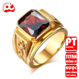 Nhẫn nam titan cao cấp thời trang chạm rồng 2 bên trangsucpt đá đỏ nhẫn màu thép không gỉ PTNNA255