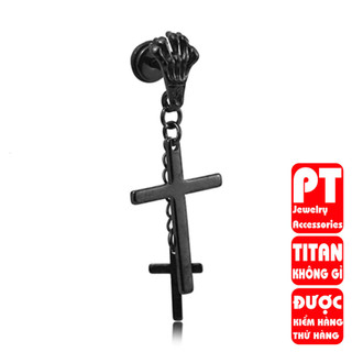 Bông tai nam thời trang inox thép 1 chiếc móng vút rớt hình thánh giá lệch trangsucpt màu đen PTBTNA143