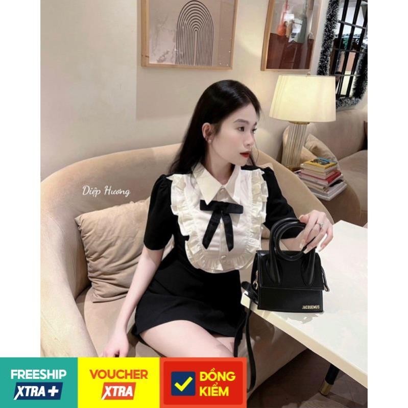 váy cổ phối ren đính nơ