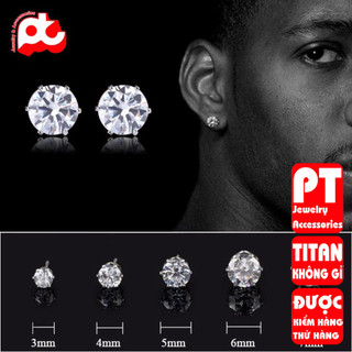 Bông tai inox nam 1 cặp đá tròn trắng  bấm lỗ tai trangsucpt 3mm 4mm 5mm 6mm 7mm PTBTNA22