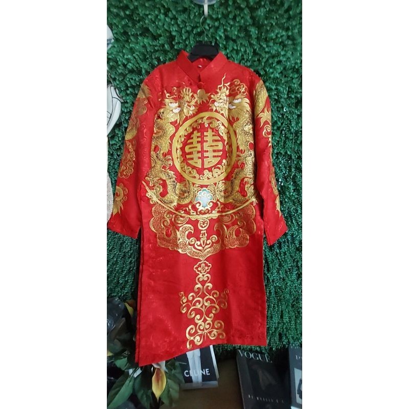 áo dài nam gấm vẽ nổi vàng size L