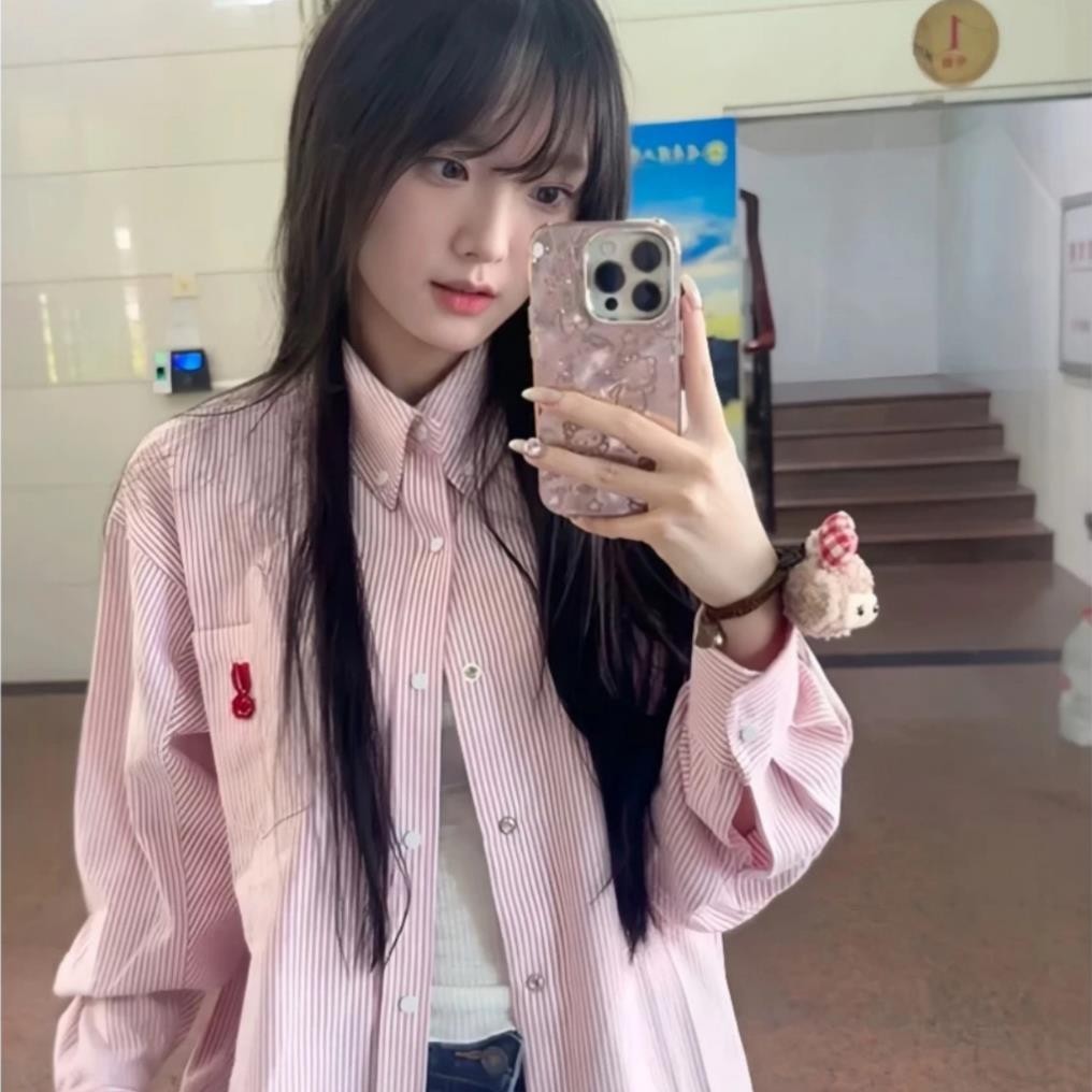 Áo Sơ Mi Nữ Tay Dài Thêu Thỏ Dễ Thương , Áo Sơ Mi Họa Tiết Sọc Kẻ Nhỏ Phong Cách Hàn Quốc Ruby's Housee