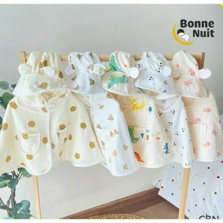 o choàng xô muslin tránh gió, tránh nắng kèm mũ chắn khói bụi, giọt bắn mềm mại cho bé