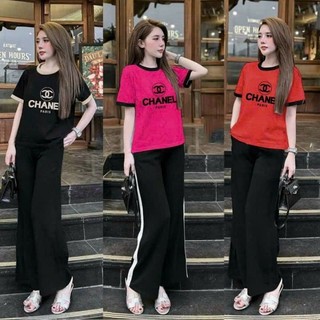 Set bộ đồ thun cotton dài form rộng áo thêu cổ viền phối quần suông ống rộng