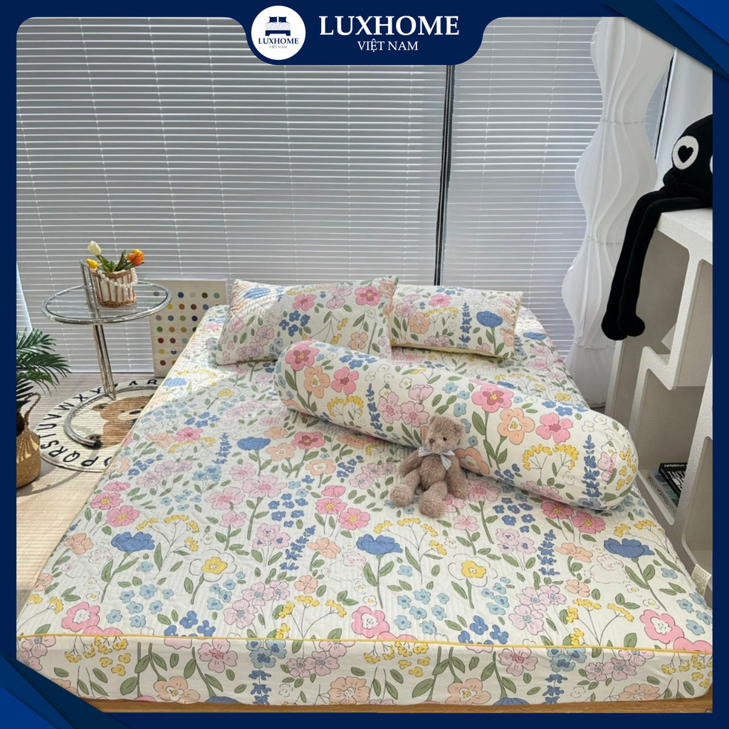 Bộ Drap 4 Món Chất Cotton Luxhome Đũi Hữu Cơ Cao Cấp, Mềm Mát, Thoáng Khí, Kháng Khuẩn Tốt, Hoa Văn Đẹp Mắt