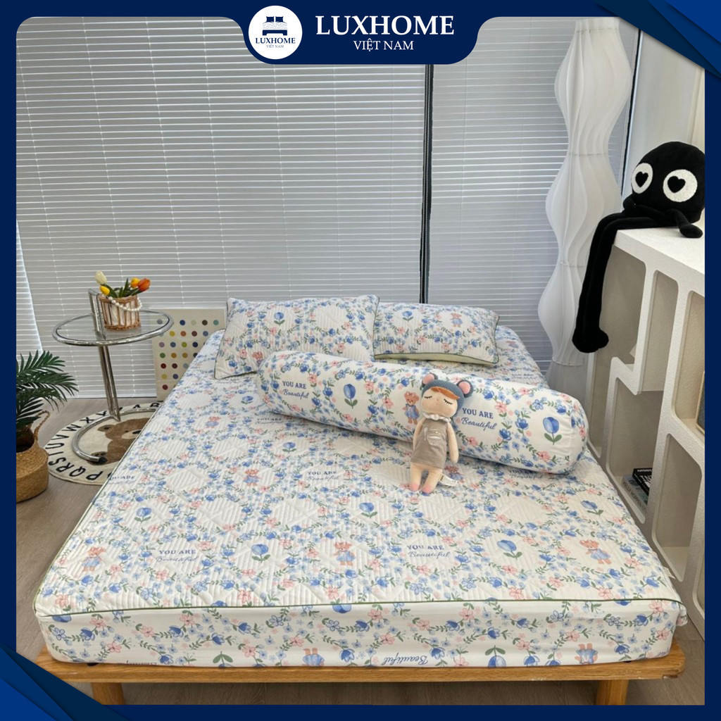 Bộ Drap 4 Món Chất Cotton Luxhome Đũi Hữu Cơ Cao Cấp, Mềm Mát, Thoáng Khí, Kháng Khuẩn Tốt, Hoa Văn Đẹp Mắt