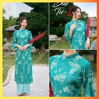  Áo dài cách tân nữ dáng suông lụa vân hoa thiết kế tay lỡ cúc bọc dịu dàng Áo dài truyền thống nữ màu Xanh Dương lễ tết 