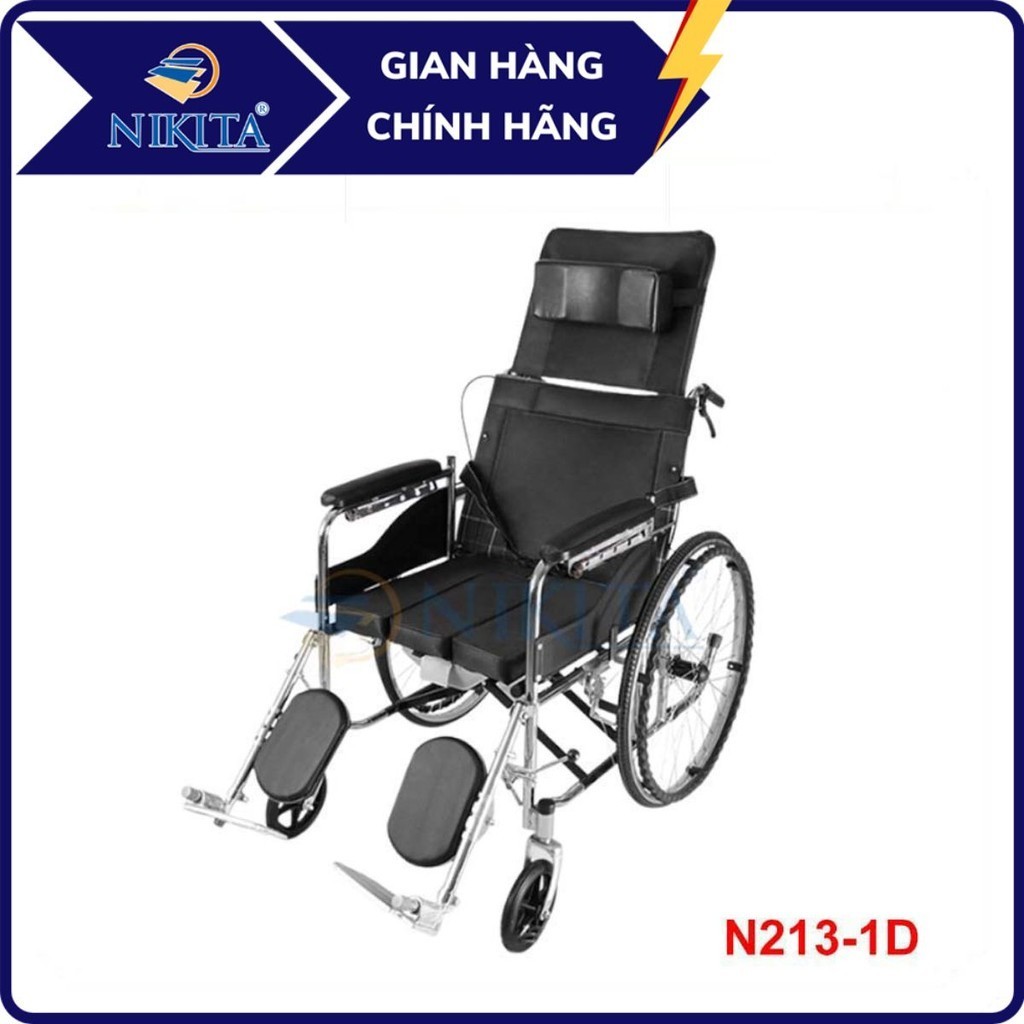 Xe lăn tay cho người già, Có thể ngã thành giường, có chổ để bô vệ sinh - Hàng chính hãng NIKITA - Bảo hành 12 tháng