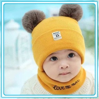 Sale! bộ khăn + mũ len 2 quả bông cho bé ms02