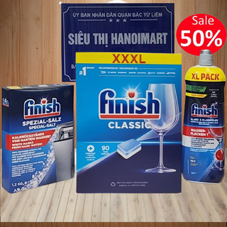 Viên rửa bát finish classic 90 viên + Muối rửa bát Finish 1.2kg + Nước làm bóng chén ly 800ml chính hãng mới về
