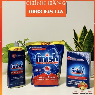 [KM thêm 100g muối] Combo Viên rửa bát Finish All in 1 Max 80v + Muối rửa bát 1.5kg + Nước bóng Finish 800ml