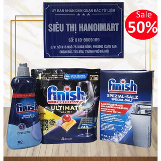 Viên rửa bát Finish Quantum Ultimate 25V + muối rửa bát Finish 1.2kg + nước làm bóng finish 800ml bột chén ly
