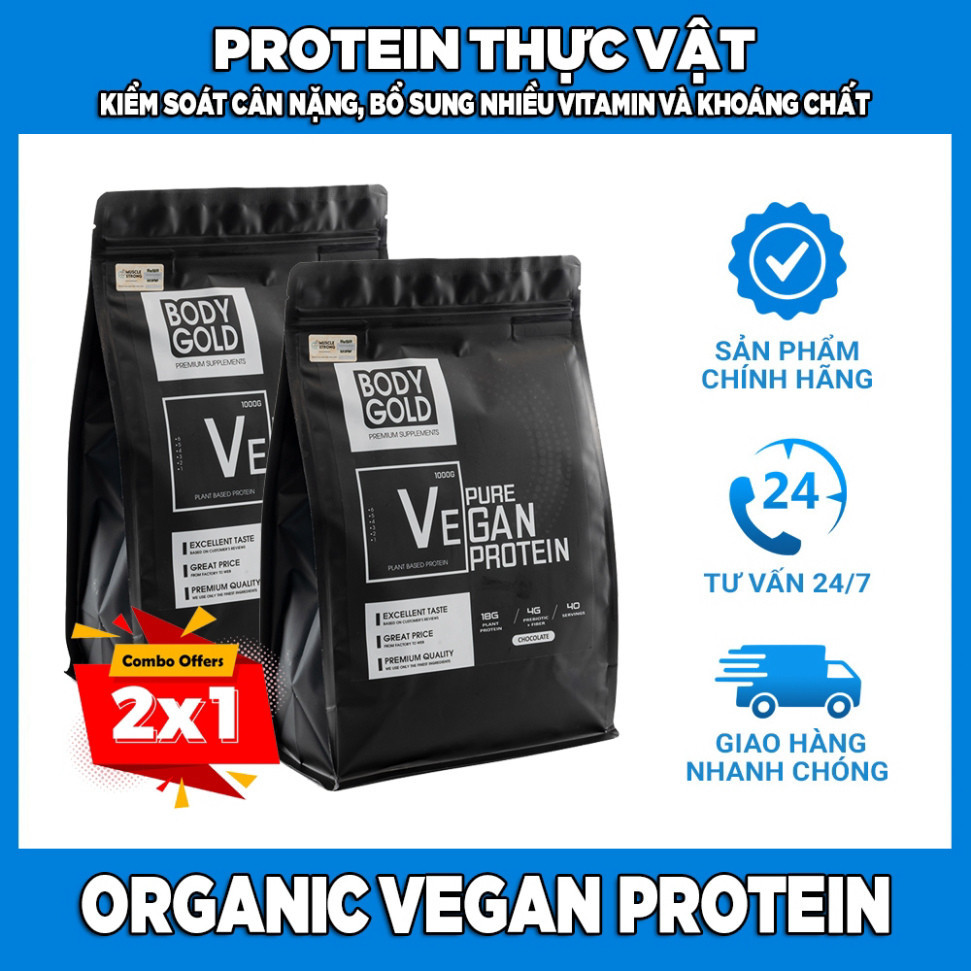 Combo 2 túi Sữa Tăng Cơ Tăng Cân - Organic Vegan Pure Protein Body Gold - Protein Thực Vật - túi 1kg