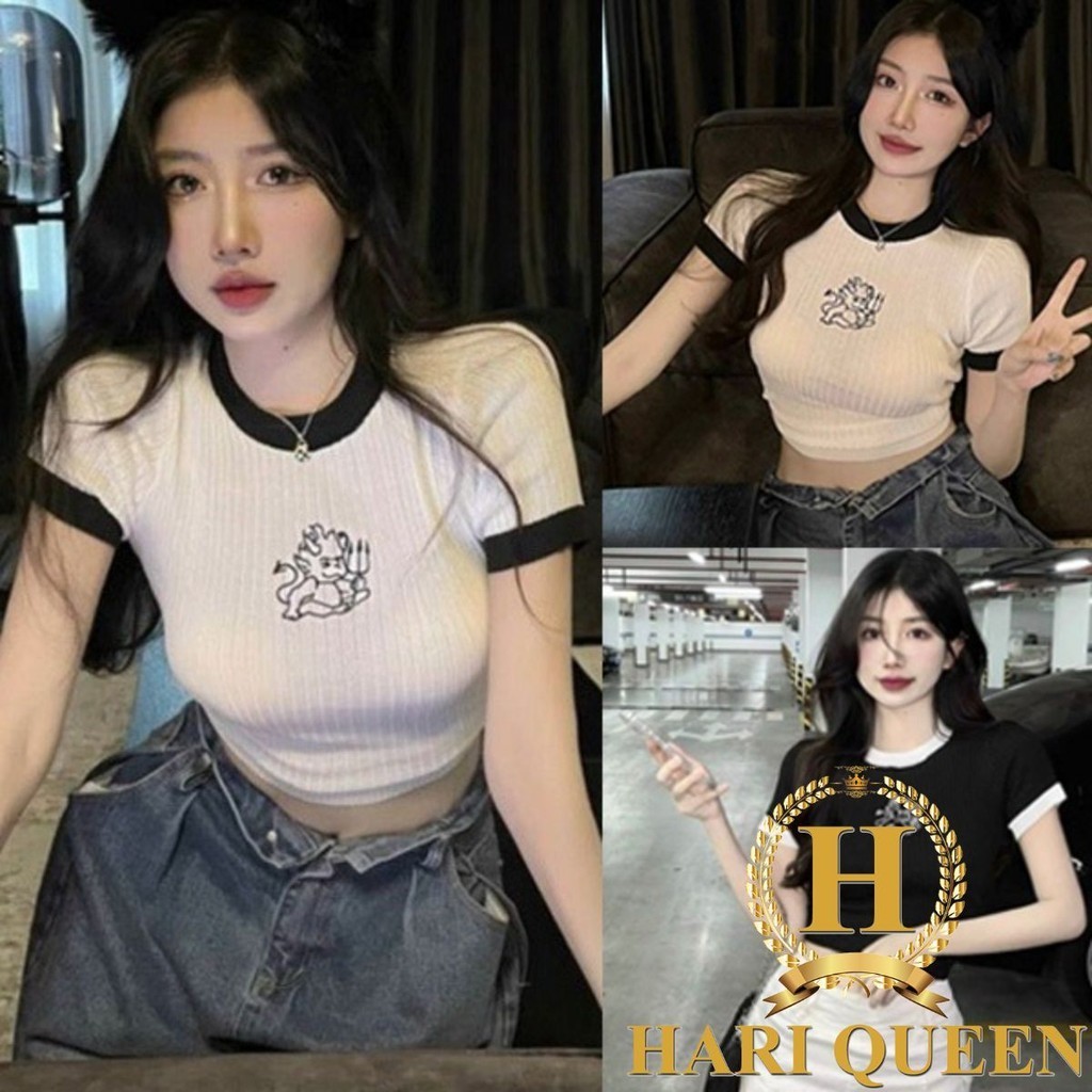 Áo croptop body Devil Ác Quỷ đinh ba cổ lé phối đen trắng cá tính HARIQUEEN